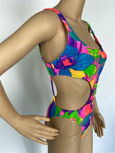 80s Vintage Cut Out One Piece High Cut Swimsuit In Colorful Etsy