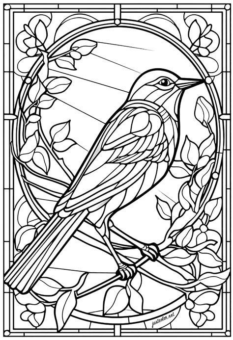 Beautiful Bird And Flowers In A Stained Glass Window Stained Glass