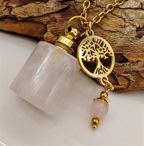Rose Quartz Crystal Vial Necklace Tree Of Life Urn Necklace Etsy