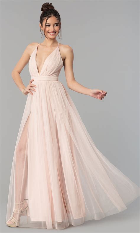 Long Tulle Prom Dress With Low V Neck Promgirl