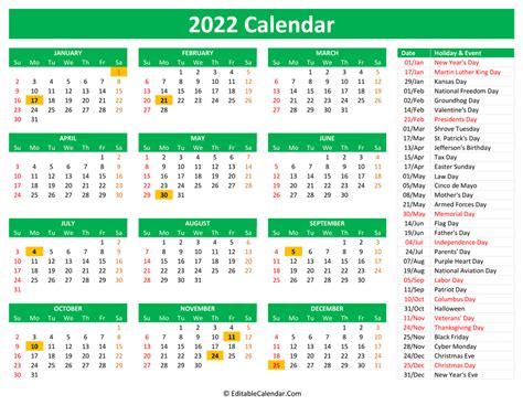2022 Printable Calendar With Holidays