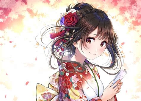 Wallpaper Anime Girl Kimono Brown Hair Braid Cute