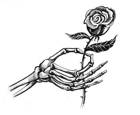 Premium Photo Skeleton Hand Holding A Rose Flower Ink Black And