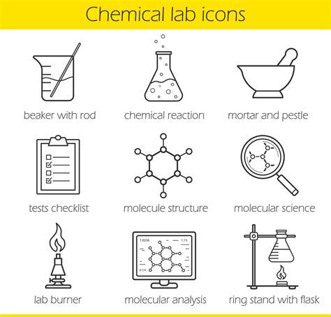 Chemical Laboratory Equipment Linear Icons Set Beaker With Rod Chemical Reaction And Test