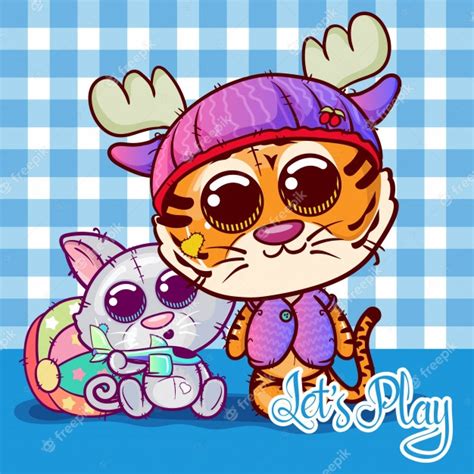 Premium Vector Two Little Cute Tiger And Cat Cartoon Vector