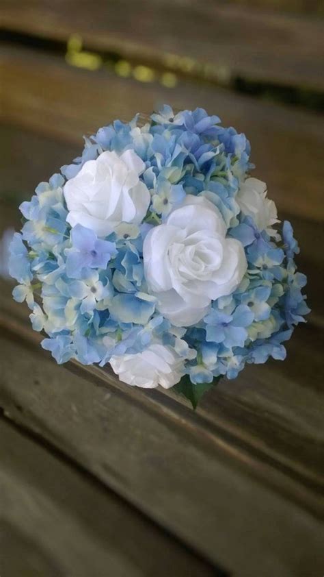 Blue Hydrangea Bridal Bouquet With White Roses And Initial Charm Silk