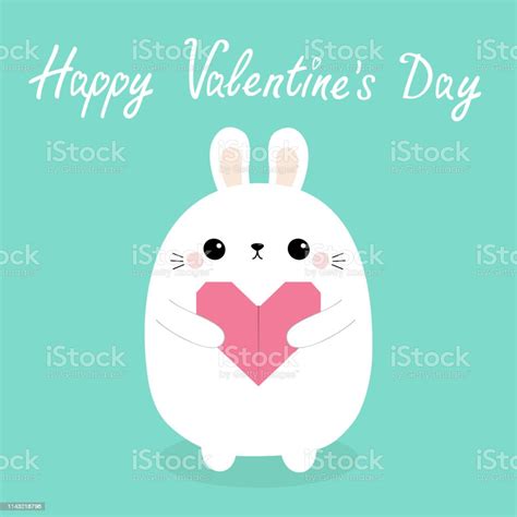 Happy Valentines Day White Baby Rabbit Hare Puppy Head Face Holding
