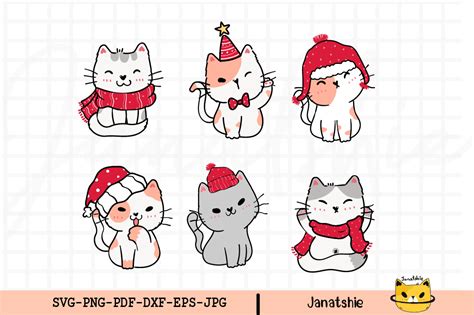 Kawaii Christmas Cats Clipart Set Cute Naughty Funny Kitten