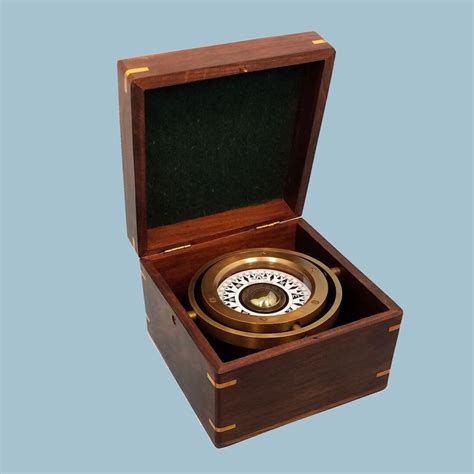 Personalized Antique Nautical Brass Gimbaled Compass In Wooden Box