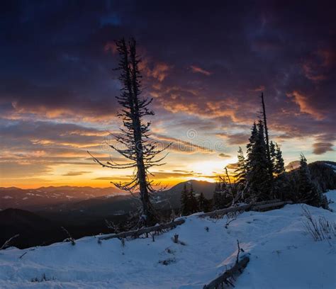 Amazing Panoramic Landscape In The Winter Mountains At Sunrise