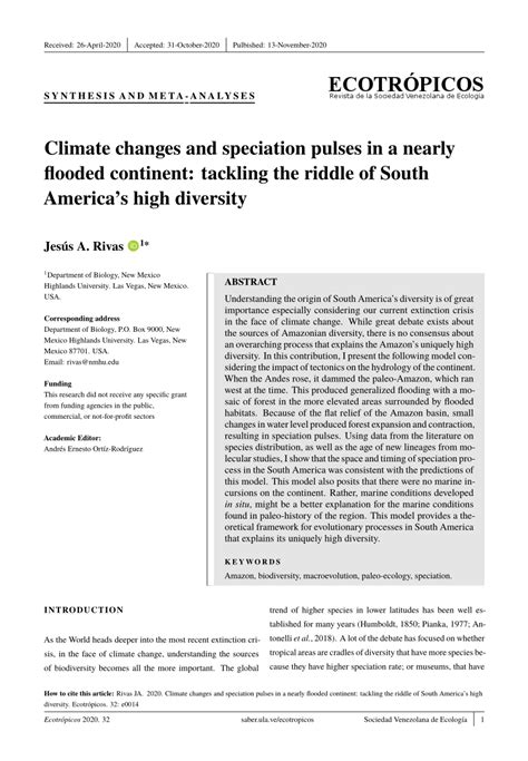Pdf Climate Changes And Speciation Pulses In A Nearly Flooded