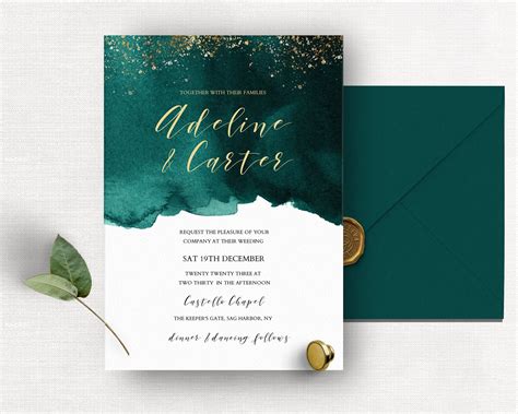 Emerald Green And Gold Wedding Invitation Template Editable Etsy