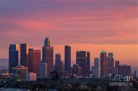 Los Angeles Downtown Skyline With Red Sky Photograph By Chon Kit Leong