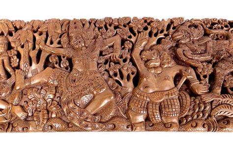 Large Vintage Balinese Carved Wooden Wall Panel 32 Inch Ramayana Hindu