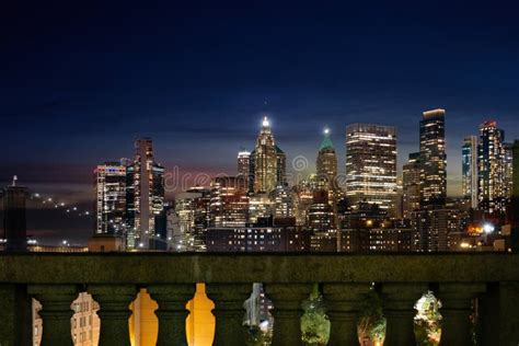 View Of Lower Manhattan And Financial District At Night Stock Photo