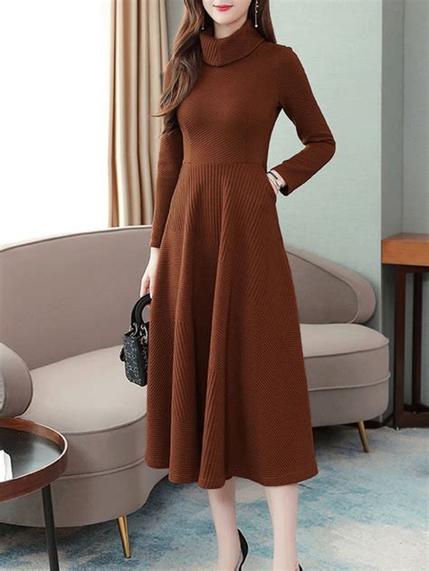 women s aline dress turtleneck solid color slim long sleeve dress in 2020 long sleeve dress