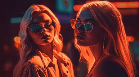 Two Blond Girls In Neon Light At Nightclub Of New Yo Openart