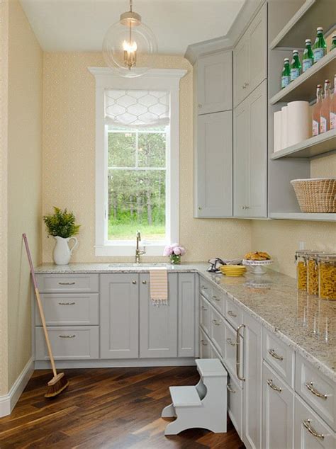 A kitchen painted with behr's double click can be the start of your contemporary color scheme with warm cabinetry. Family Home Interior IdeasThis butler's pantry features a delicate wallpaper on walls … | Yellow ...
