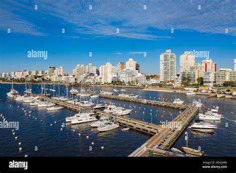 Aerial View Of Boats In Marina With City Skyline Behind Punta Del Este