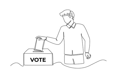 Continuous One Line Drawing Man Putting Vote Paper Into Election Box