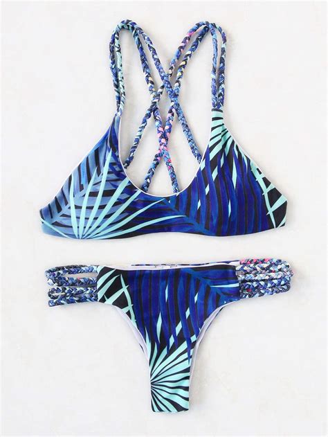 Tropical Print Braided Detail Strappy Back Bikini Set Shein Sheinside