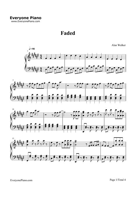 Faded Alan Walker五线谱预览1 钢琴谱文件（五线谱、双手简谱、数字谱、midi、pdf）免费下载
