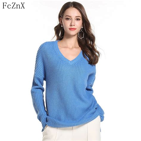 Autumn Winter 2018 Women Sweater Plus Size Pullovers V Neck Solid Color