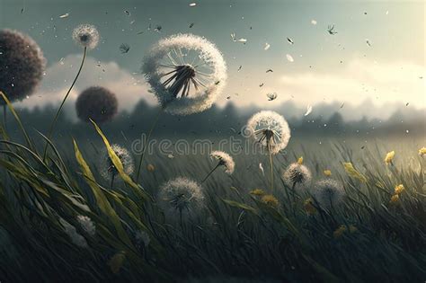 Dandelion Field With The Breeze Blowing The Seeds Away Stock Image