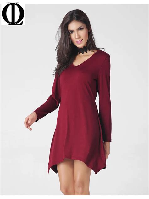 Ol Loose Fashion Dress V Neck Casual Dress Asymmetrical Red Wine Autumn Winter Dresses Women