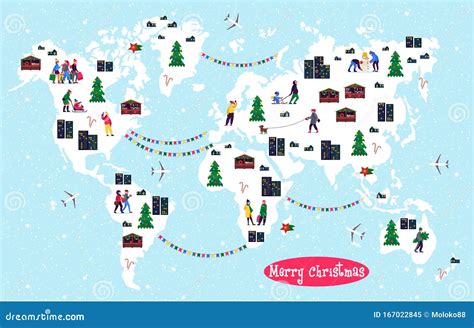 Christmas World Map With Festive Teenagers With Shopping Bags Adults