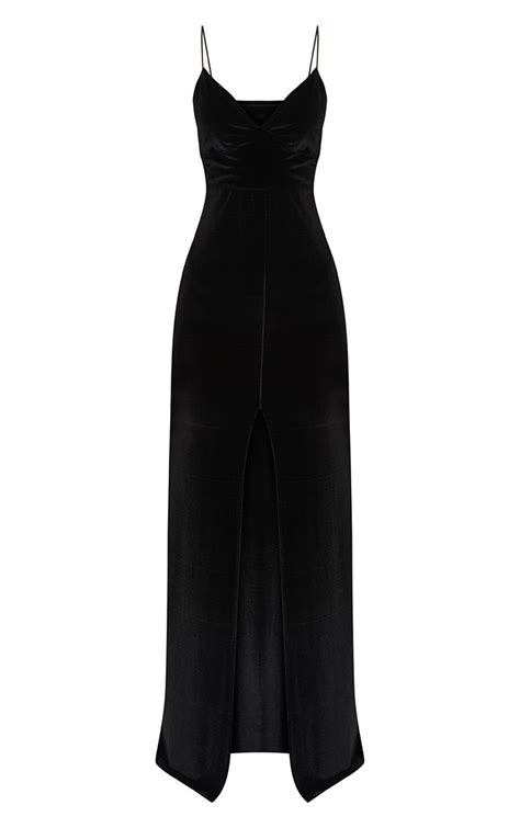 Black Velvet Plunge Strappy Split Detail Maxi Dress Prettylittlething Aus