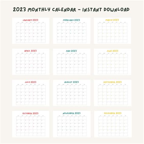 2023 Monthly Calendars Landscape Printable Calendar Template Etsy