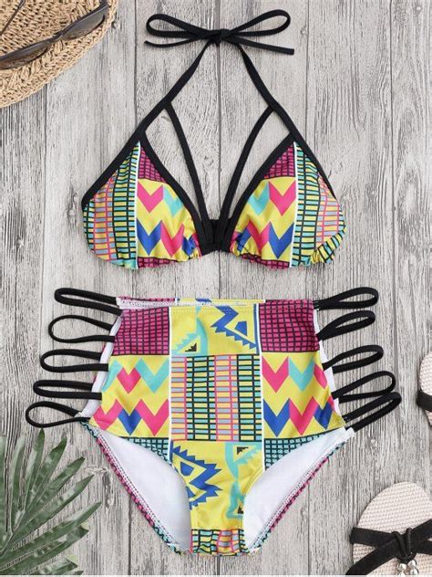 19 Off 2021 Banded Geometric Pattern High Waisted Bikini In Colormix