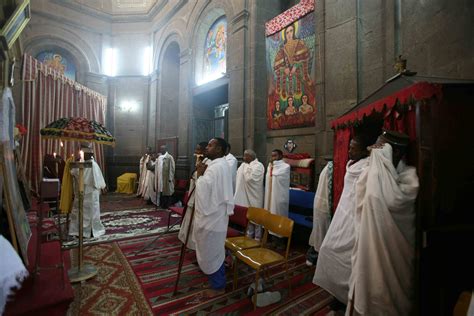 Religious Clergy Worship Inside One Of The Orthodox Churches In Addis