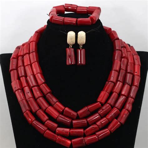 Wonderful Red Nigerian African Wedding Coral Beads Jewelry Set Handmade