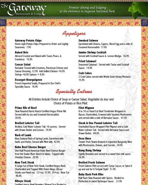 Online Menu Of Gateway Restaurant And Lodge Three Rivers Ca