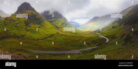 Atmospheric Panorama Vista View Of The Three Sisters Of Glencoe Valley