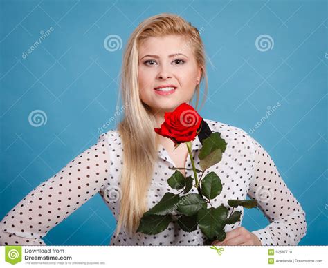 Woman Holding Red Rose Flower On Blue Stock Photo Image Of Flower