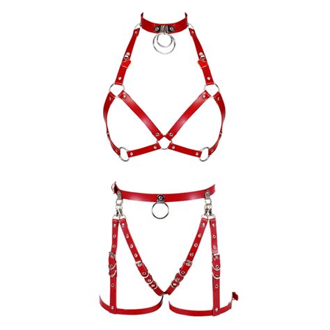 Red Leather Sexy Harness Bra Strappy Body Caged Lingerie Set Festival