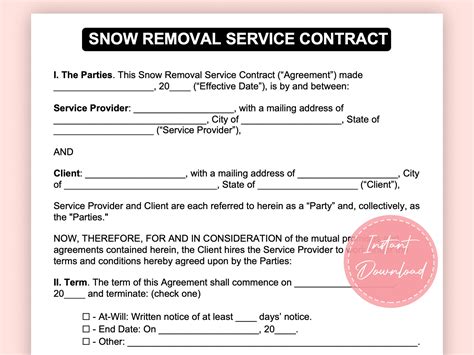 Snow Removal Service Contract Snow Removal Service Agreements Simple Snow Removal Form Editable