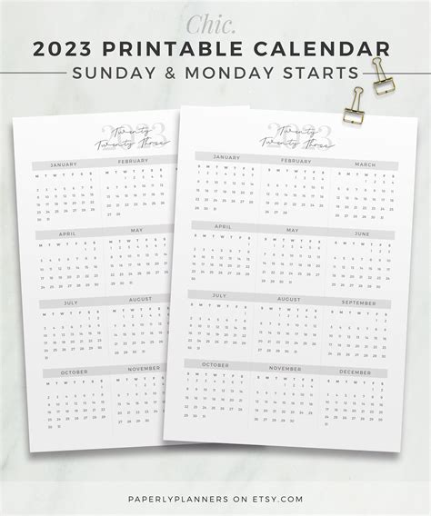 Chic 2023 Yearly Calendar One Page Calendar Printable Planner Insert