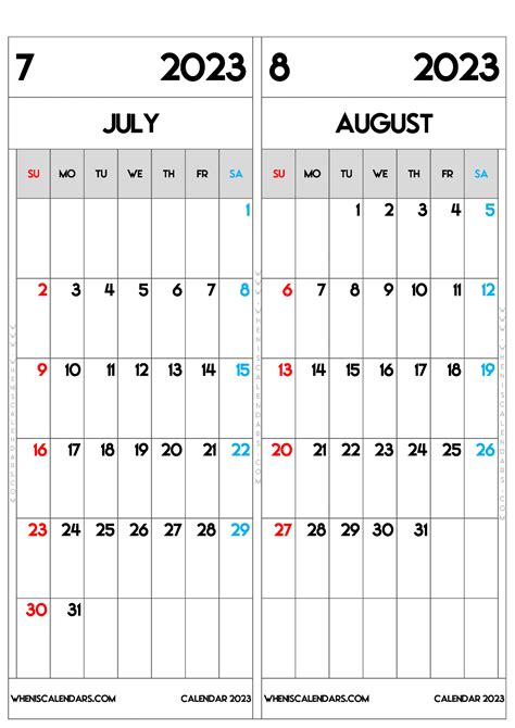 Download Printable July And August 2023 Calendar Pdf Png