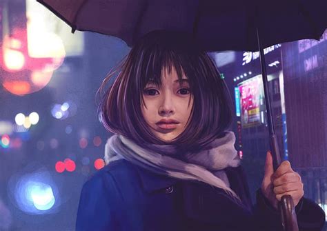 Hd Wallpaper Girl Lights Figure Look Asian Hair Eyes Umbrella