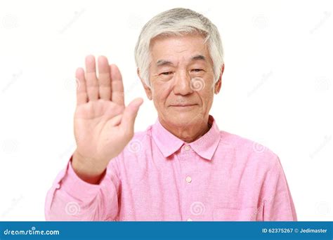 Senior Japanese Man Making Stop Gesture Stock Image Image Of Hair