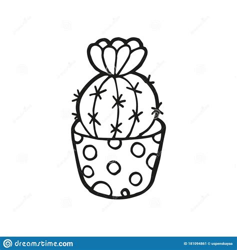Single Hand Drawn Cactus In Pot In Doodle Style Black Outline