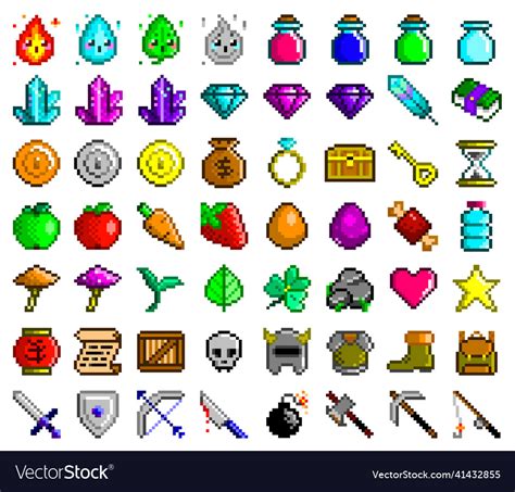 pixel art icons set game assets 56 items vector image