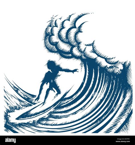 Surfer Riding Big Wave Drawn In Retro Engraving Style Isolated On