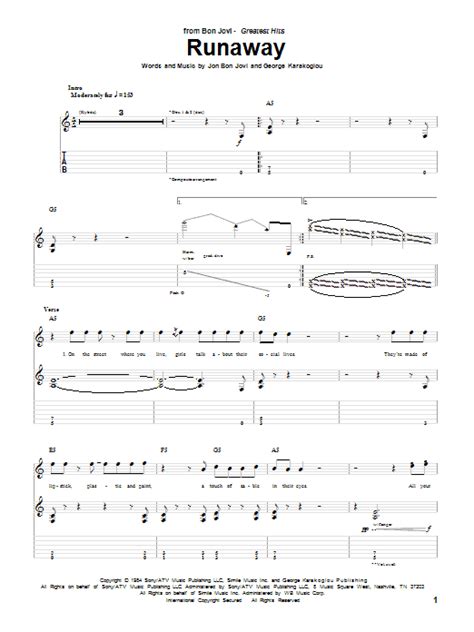 Bon Jovi Runaway Sheet Music Chords Printable Guitar Chords