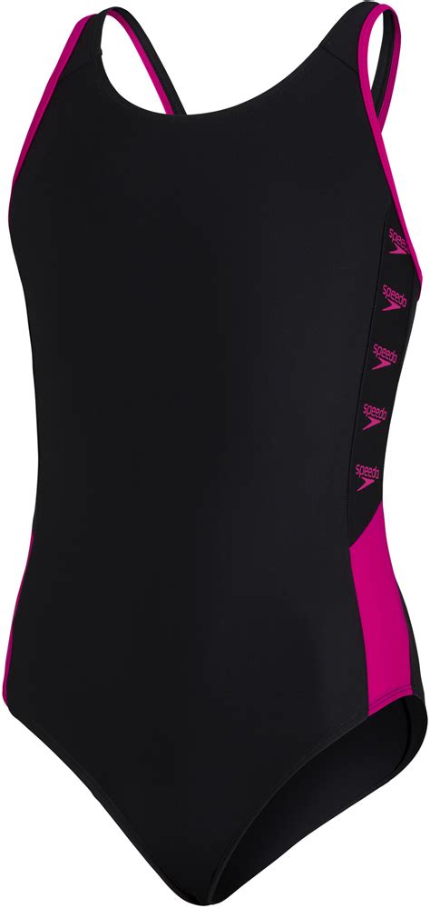 speedo boom logo splice muscleback swimsuit girls black electric pink uk