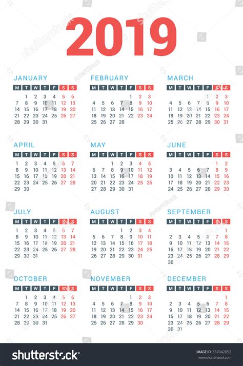 Calendar 2019 Year On White Background Stock Vector